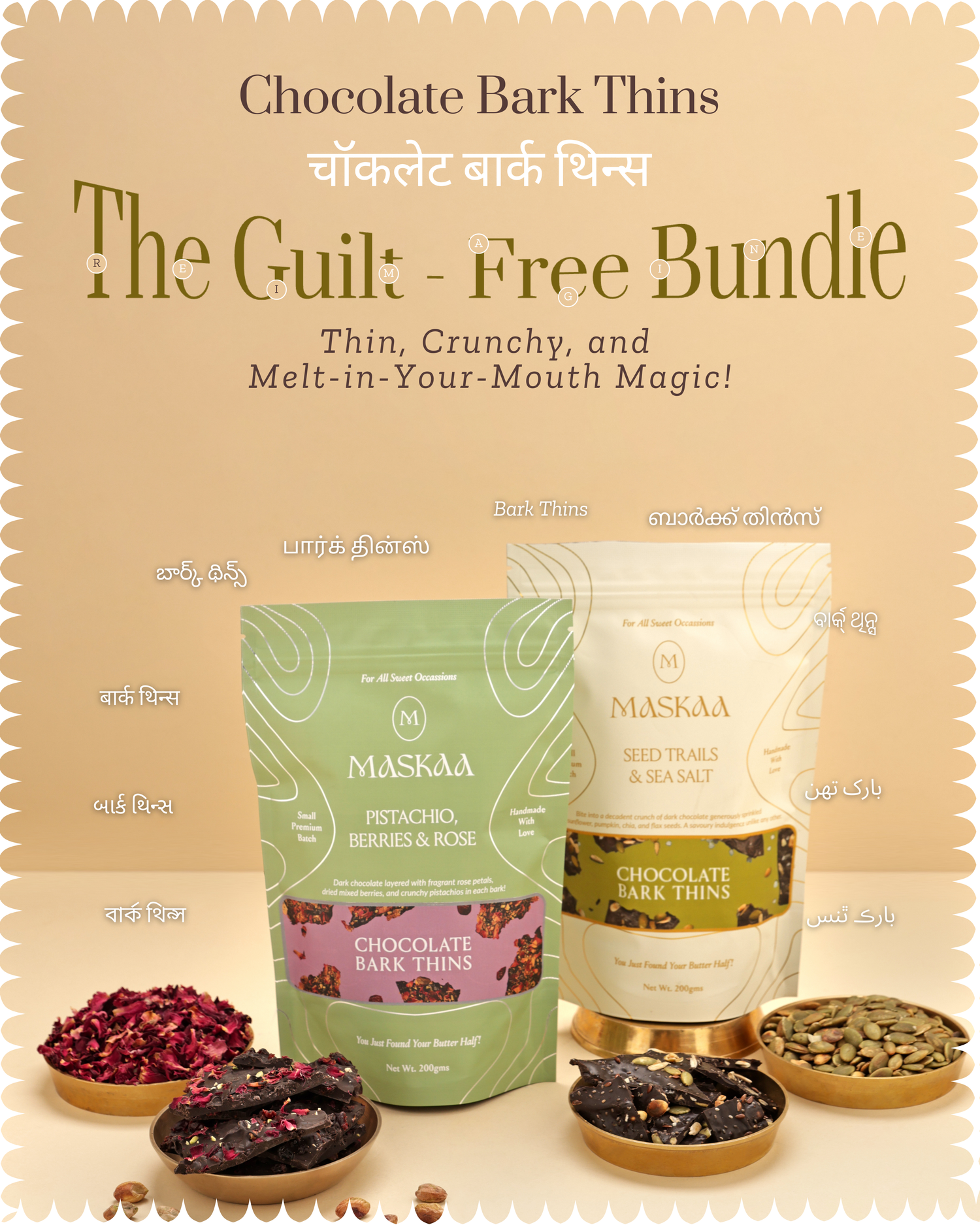 Chocolate Bark Thins Guilt Free Bundle - Seed Trail & Sea Salt, Pistachio, Berries & Rose (200 gms each)